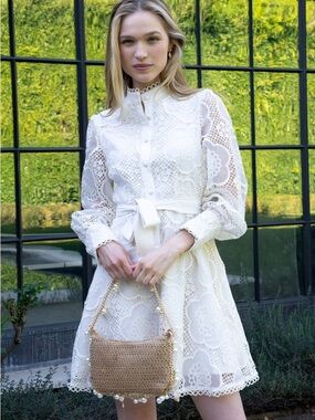 Benaar  Floral Lace Puff Sleeve Mock Neck Mini Dress - Cream - Size Small